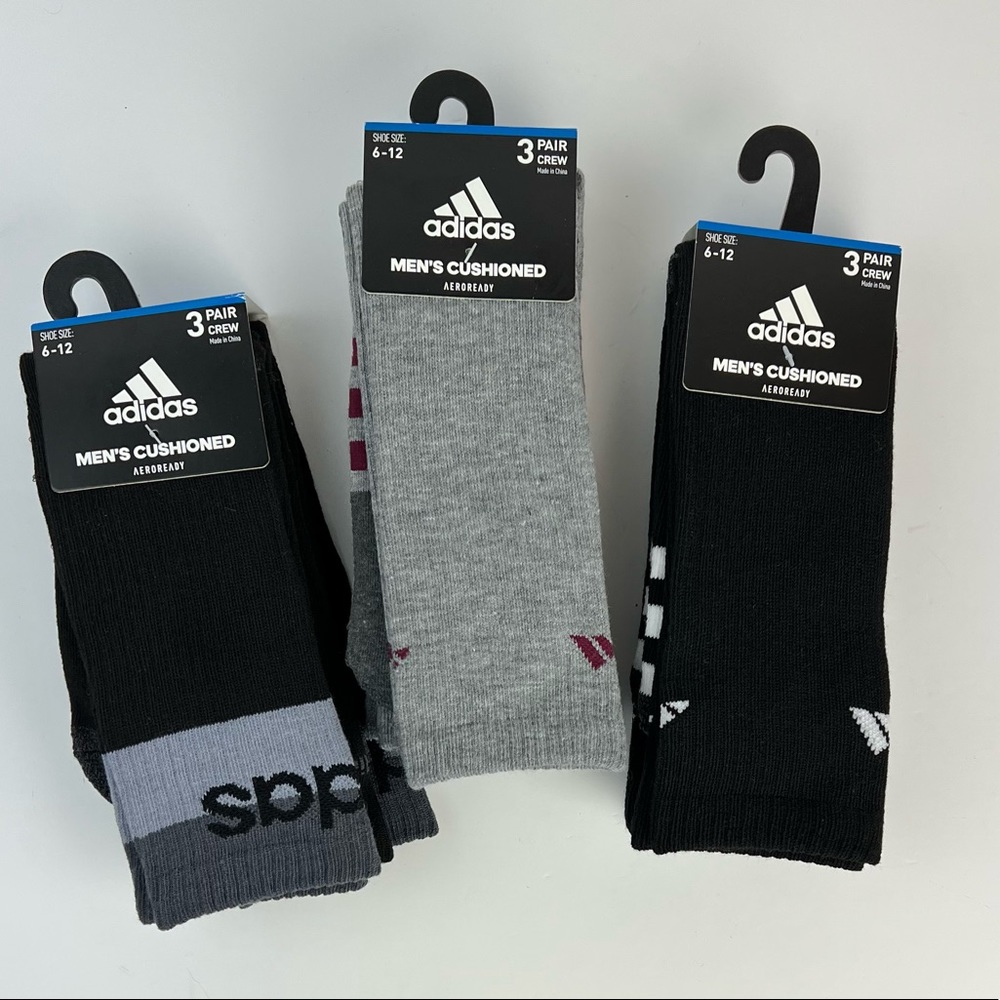 Crew Socks Adidas 9 Pair Aeroready Cushioned Men's Sz 6-12